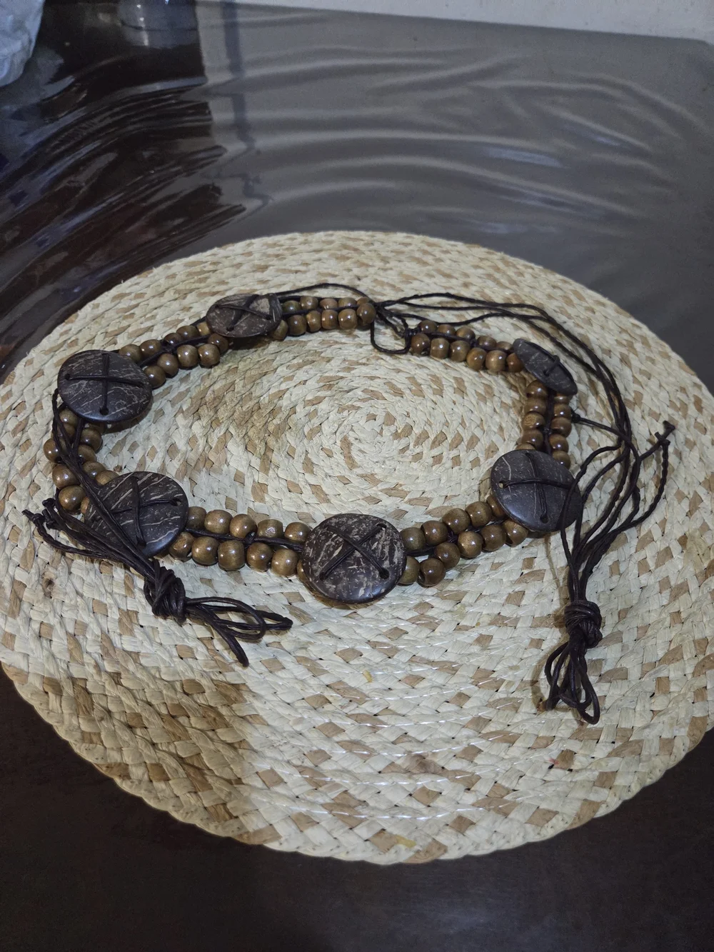 Belt Women's Bohemian boho-style waist belt features carved coconut shell discs